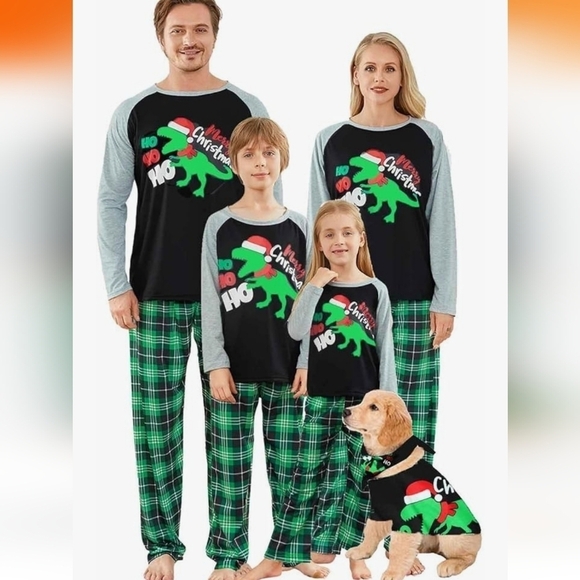 Christmas Pajamas Set. Men's Large Dinosaur Top, Plaid Bottoms - Picture 2 of 4